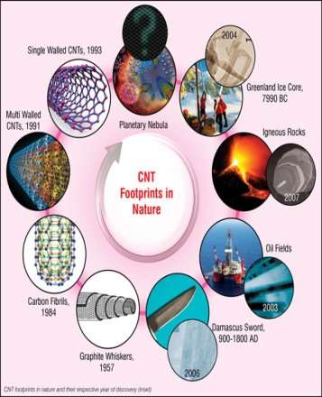 CNT footprints in nature and their respective year of discovery