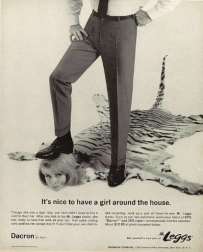 A man walks all over a woman in this advert for men's trousers. The ad man's message seems to be that women could be tamed by brute force, animal magnetism - and a pair of synthetic-fibre slacks