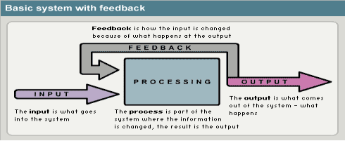 diagram illustrating how input feeds into processing, causing output, with output re-inputting into the process through feedback